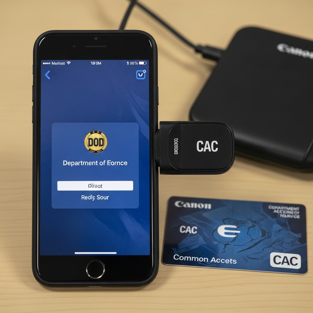 bluetooth cac card reader paired with iphone displaying mili 20260331 084140