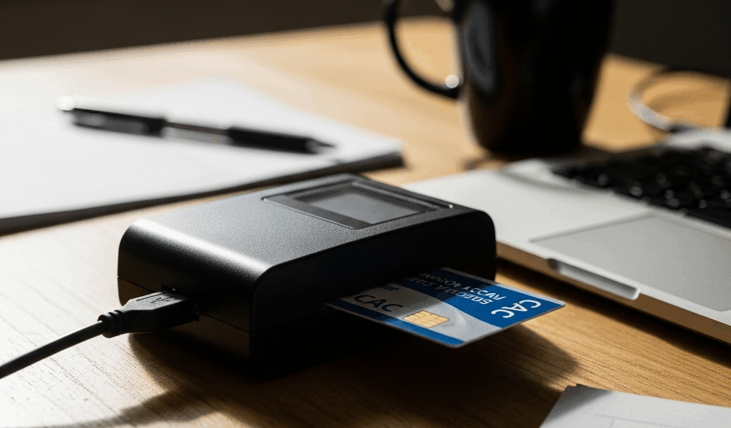 military CAC smart card reader devices on desk